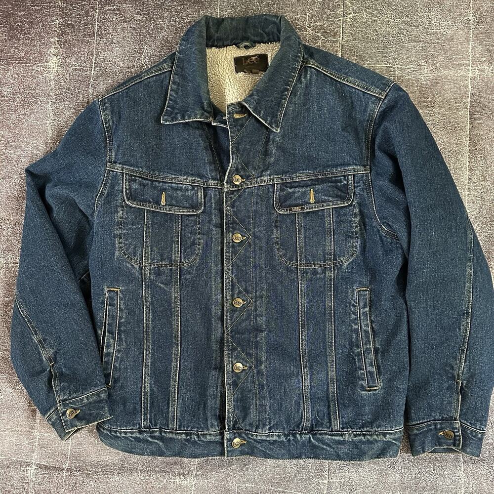 Men's Vintage Y2K Lee Dark Blue Denim Sherpa Lined Trucker Jean Jacket Sz L VTG